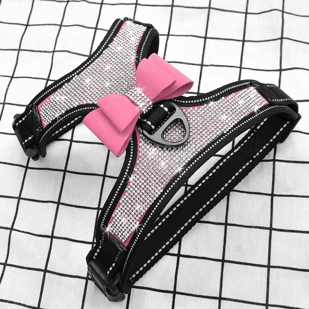 Rhinestone sele för små hundar reflekterande hund sele med söt bowknot mesh valp kattväst justerbar för fransk bulldog: Rosa / M