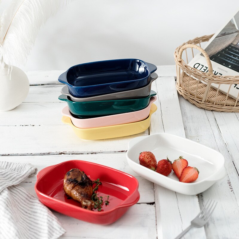 Rectangular Ceramic Baking Tray Double-eared Rice Plate Baking Mold Oven Pasta Thousand-level Baking Tray Microwave Oven