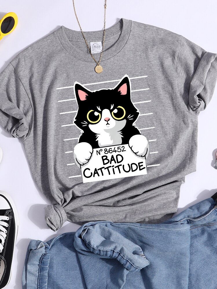 No86452 Slechte Cattitude Grappige Kat Womens T-shirt Casual Sport T Shirts Ademende Zomer Tee Shirt Street Creativiteit T-shirt Vrouwen