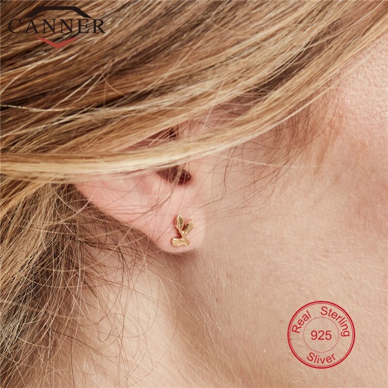 CANNER Gold Color Leaf Stud Earrings for Women Girls Korean 925 Sterling Silver Earrings Delicate Mini Earings Jewelry H40