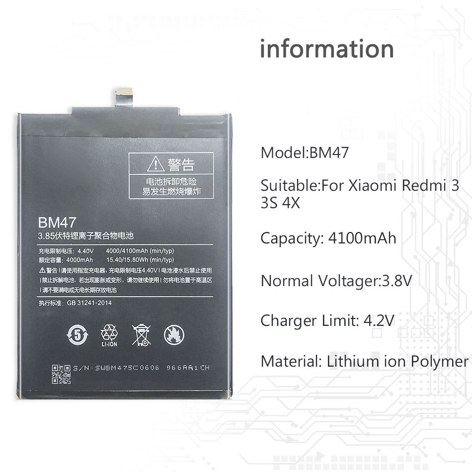 Bateria bm47 para xiaomi redmi 4x 3 3s 3pro/redmi 5 plus 5a/redmi note 4 4x bataria 5a 3 pro bm 47 46 bn 41 43 bm46 bn41 bn43