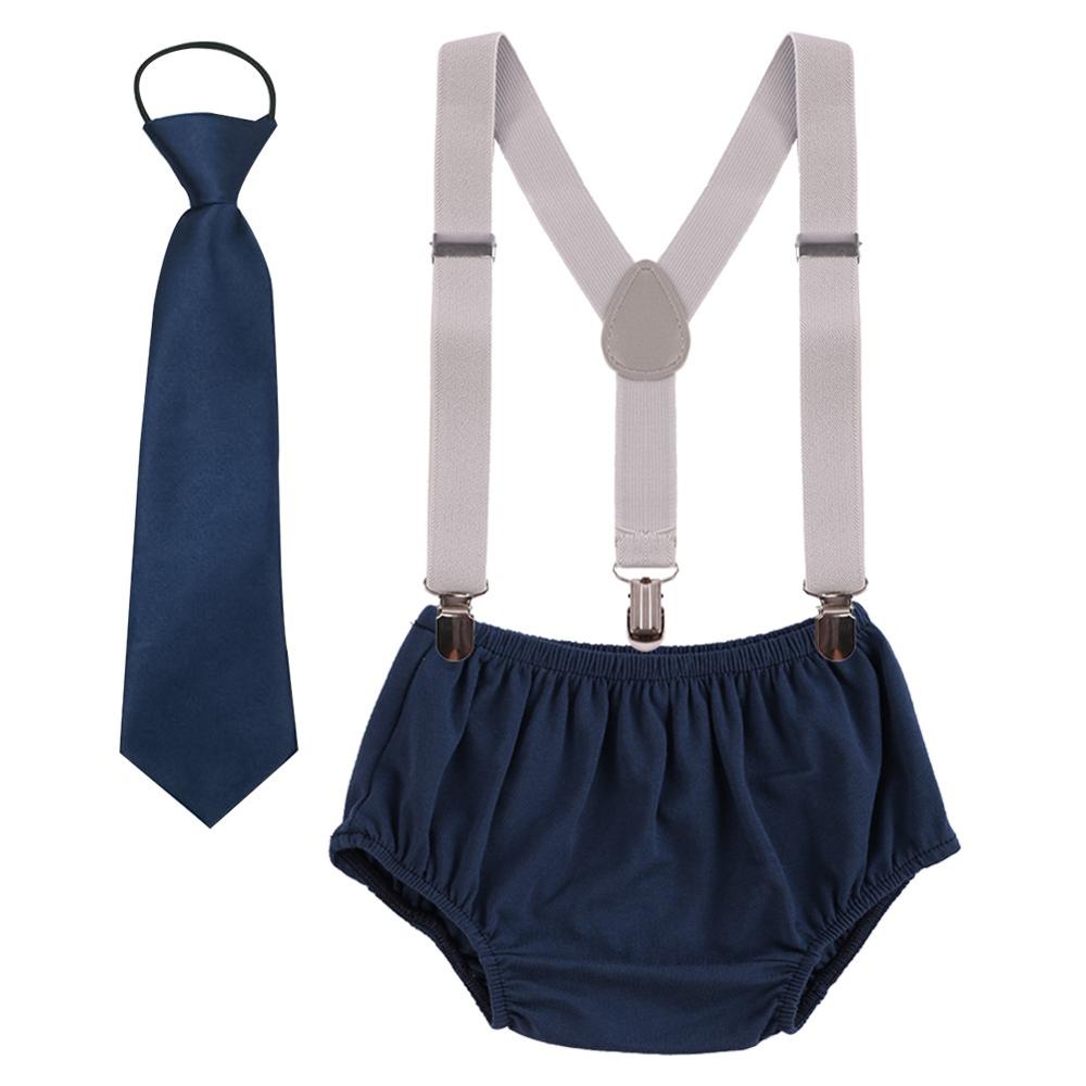 Vêtements pour bébé garçon et fille, tenue de fête d'anniversaire, short à bretelles et cravate, mignon, 3 pièces, pour séance Photo: Navy Blue B