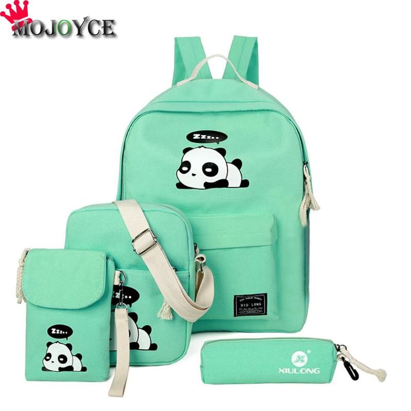 4 pçs/set bonito dos desenhos animados das mulheres panda impresso mochilas lona ombro clutch schoolbags composite sac a dos mochila feminina 2018: green