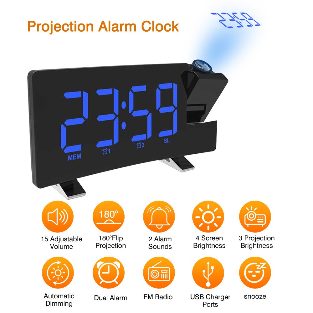Digital Projection Alarm Clock LCD Radio Temperature Projector Calendar Time FM Projector Dimmer