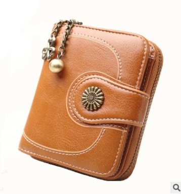 Vintage botón teléfono monederos mujer cartera femenina Cartera de cuero Retro señoras Cremallera larga Mujer cartera de mano de tarjeta: short brown red