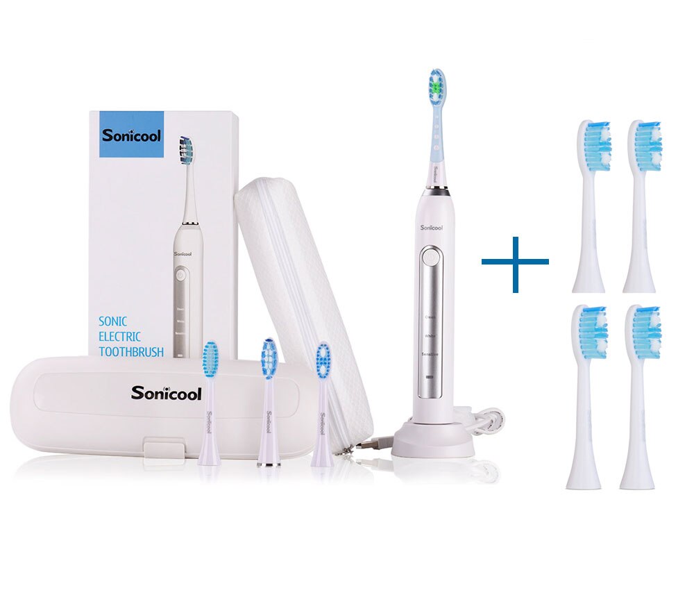 Sonicool 051B Electric Toothbrush Sonic USB Rechargeable Ultrasonic Three Modes Tooth Brushes With 4 Pcs DuPont Brush Heads: Add 4 Clean Heads