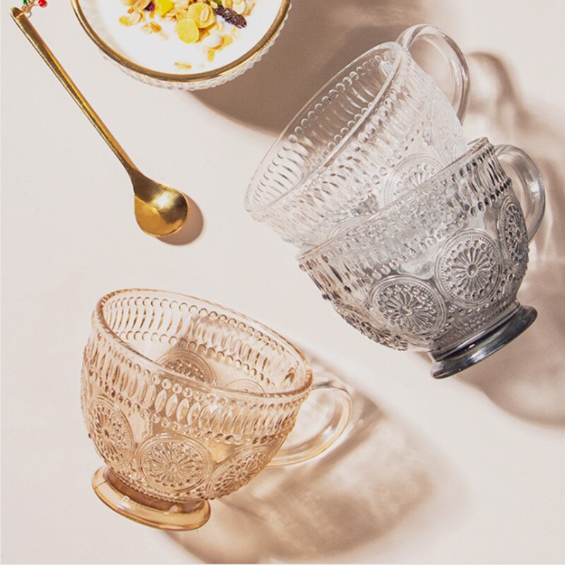 Embossed Sunflower Glass Cup Transparent Milk Breakfast Drinkware Water Cup with Handle Large-Capacity Oatmeal Mug