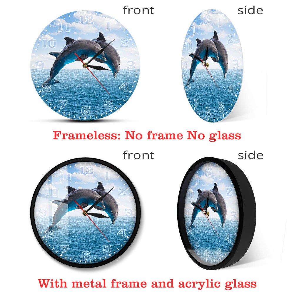 Reloj de pared azul marino con dos delfines que saltan aguas profundas del océano con movimiento silencioso poroso Reloj de pared mar arte en la pared con animales