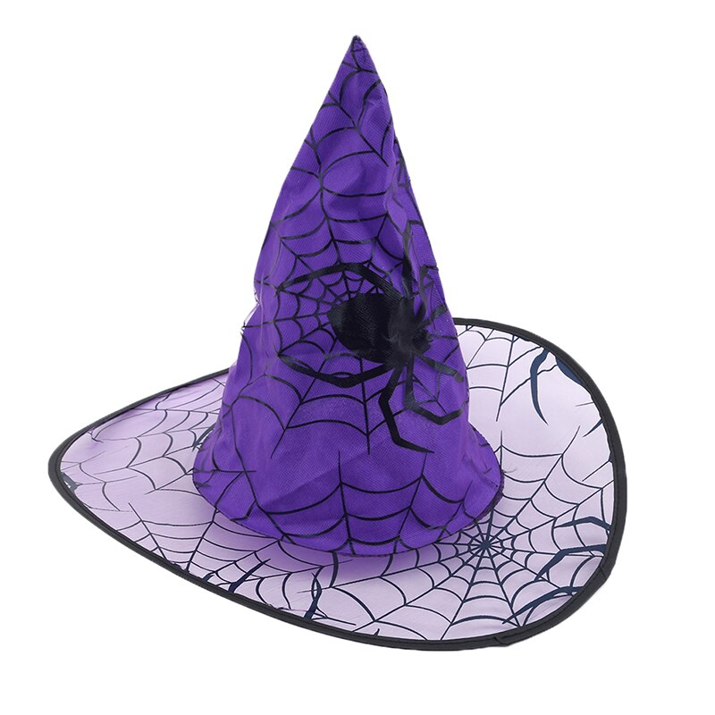 Børn voksenheks hat til halloween edderkoppespind trykt kostume tilbehør halloween forsyninger fest hatte børnefest: Lilla