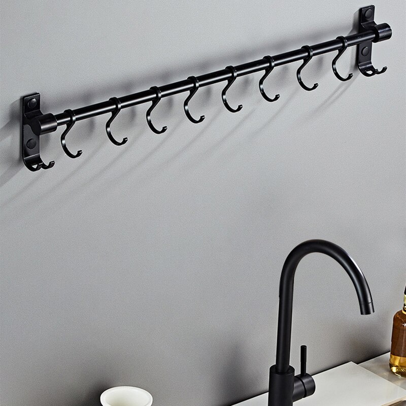 Kitchen Utensil Hook Rack Aluminum Wall Mounted Pantry Tool Holder Black Bathroom Sundry Hook Hanging Rod Shelf Organizer
