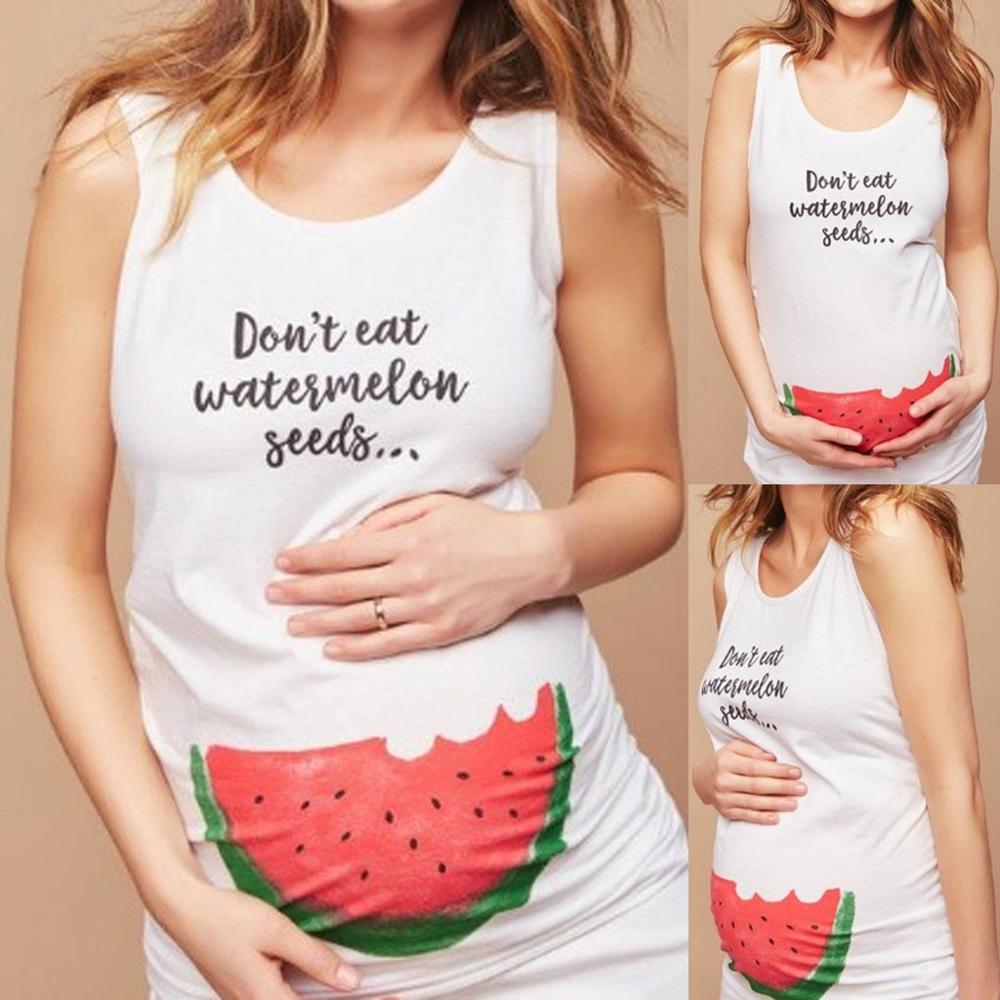 Mammakläder sommar gravida kvinnor väst o-ringad ärmlös rolig ät inte vattenmelon frön tryck t-shirt gravida kvinnor