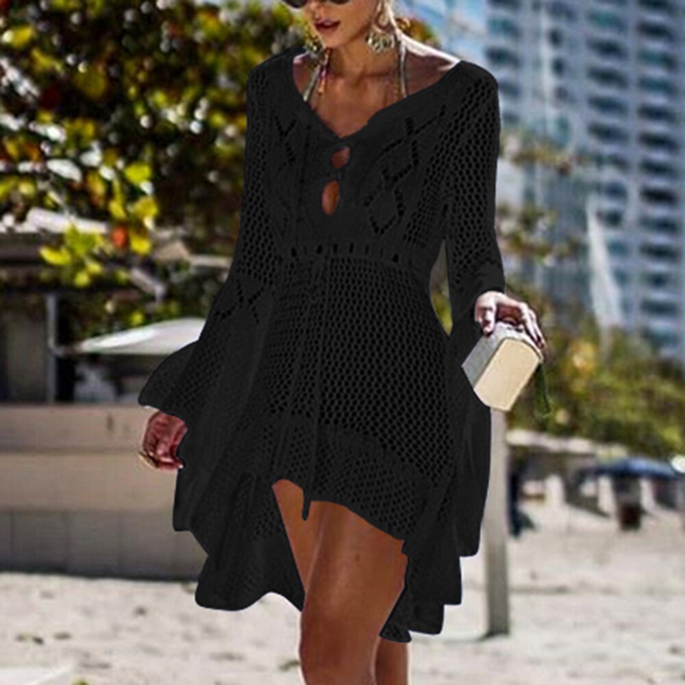 Sfit mujeres Crochet punto cubrir túnica de playa vestido largo Pareos Bikini cubrir traje de baño bata de playa Plage: black