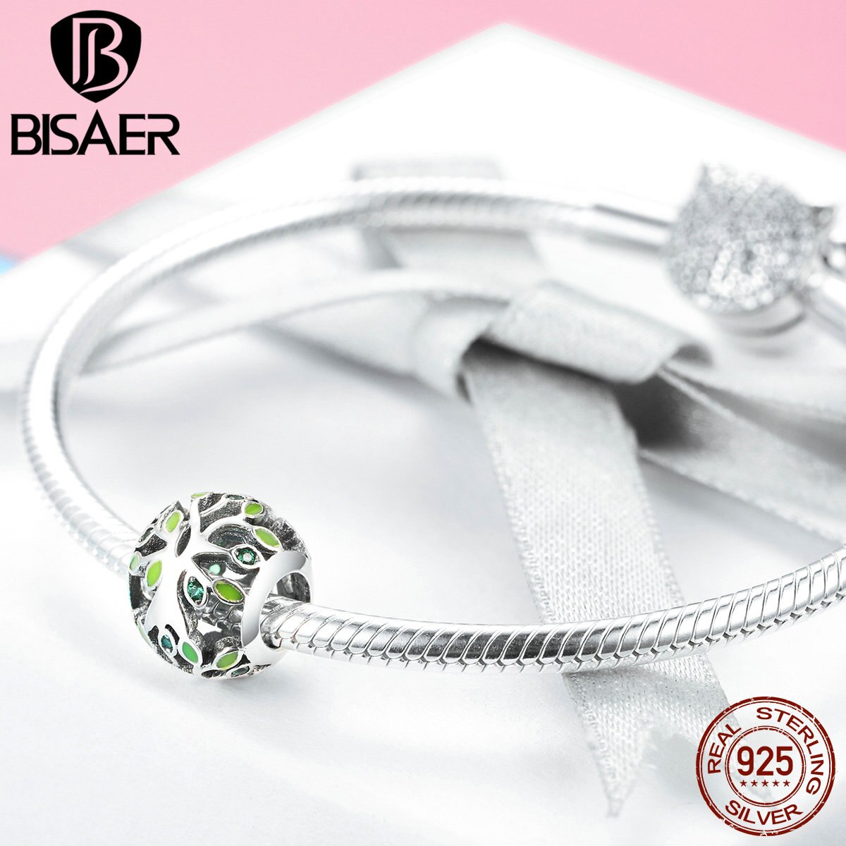 BISAER 925 Sterling Silver Tree Of Life di Fascino Verde Chiaro CZ Branelli Misura I Braccialetti Gioielli FAI DA TE Fare Gioielli In Argento 925 ECC919