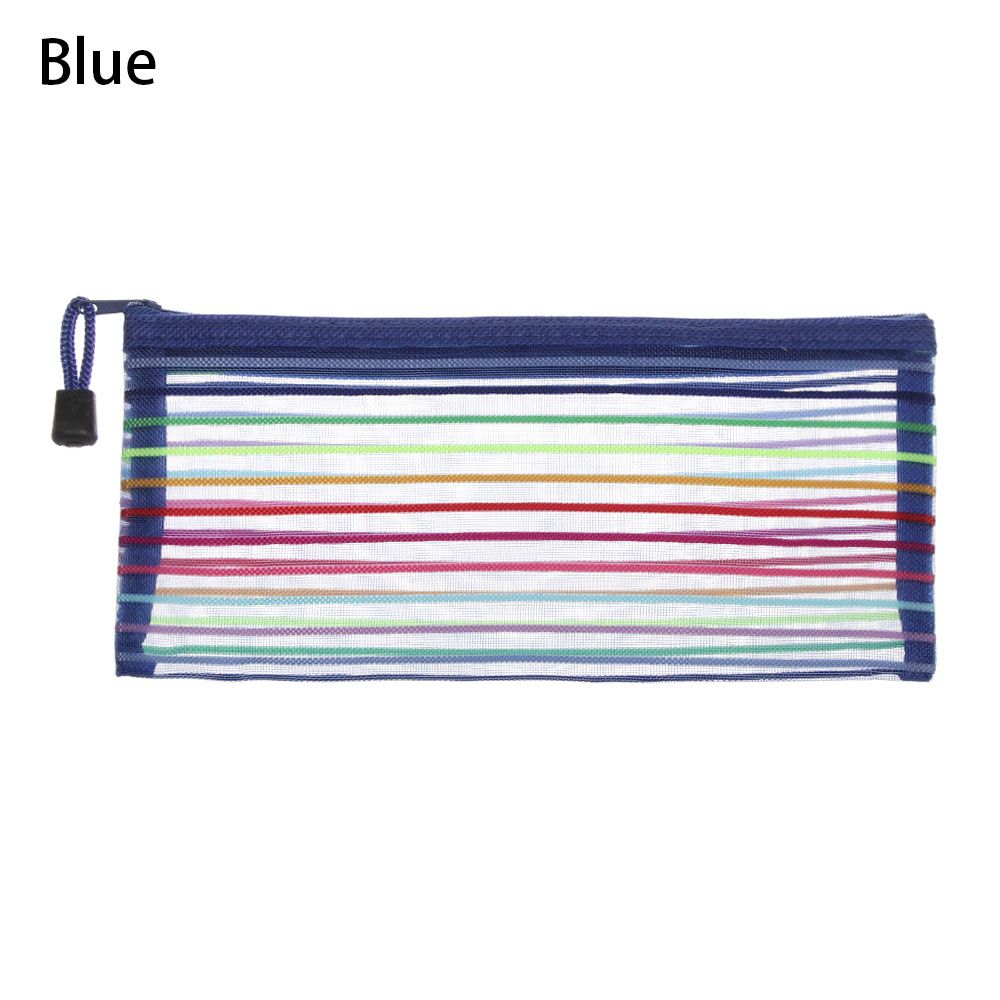 Effen Kleur Nylon Rits Etui Mesh Pen Zak Cosmetische Opslag Transparante Raster Handtassen Portemonnee Mode: blue