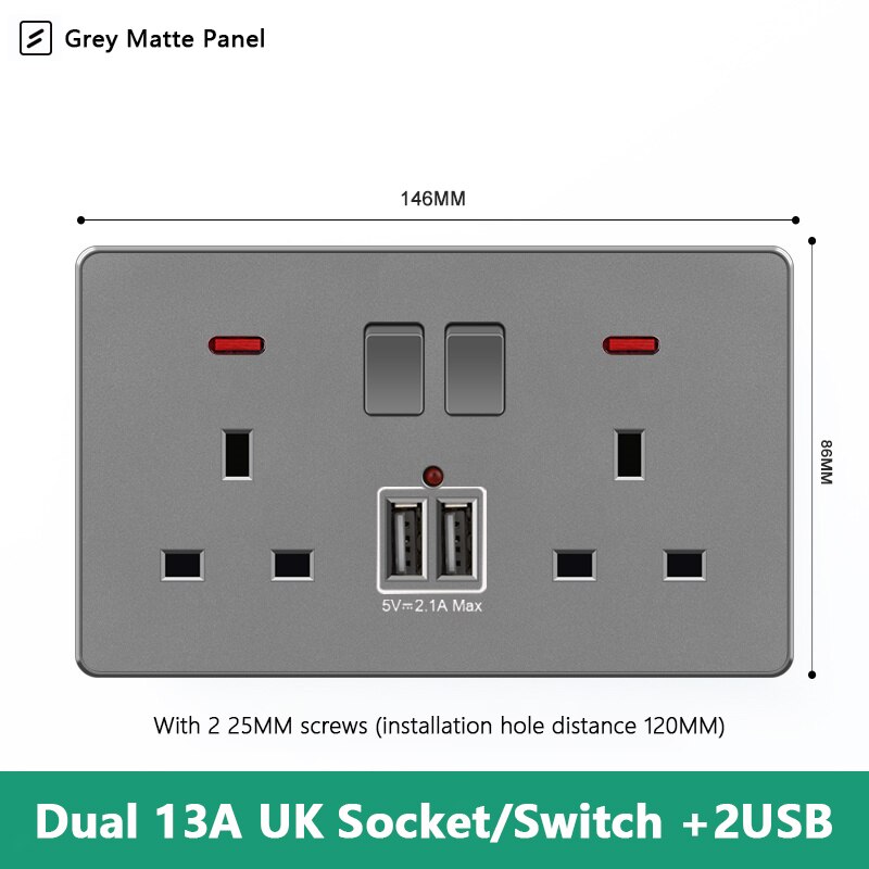 Atlectric UK Standard 13A Wall Socket Black White Gray Plastic Embedded Panel Usb Socket With Switch 110-250V Two Britain Outlet: 2UK2U2GL-G