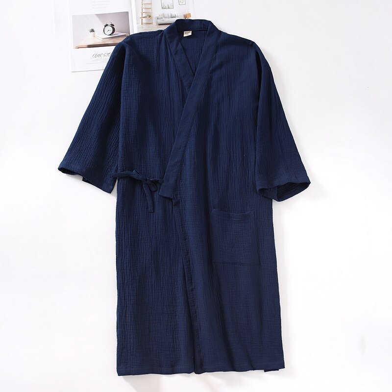 100% Cotton Bathrobe Japanese-Style Kimono Men'S Nightgown Gauze Robe Loose Plus Size Yukata Sweat Steaming Sleepwear Халат: navy / M