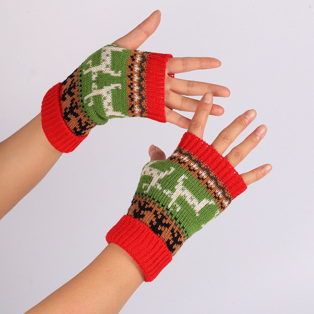 Adult Teens Christmas Winter Gloves Printed Deer Thick Knitted Mittens Fingerless Keep Warm Gloves For Girls Sports Outdoor