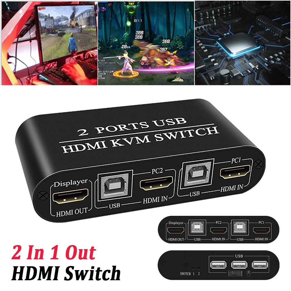 HDMI KVM Switch Aluminum Alloy Dual USB For Printer 2 In 1 Out Universal Meeting Fast Speed Sharing Home Office Plug And Play