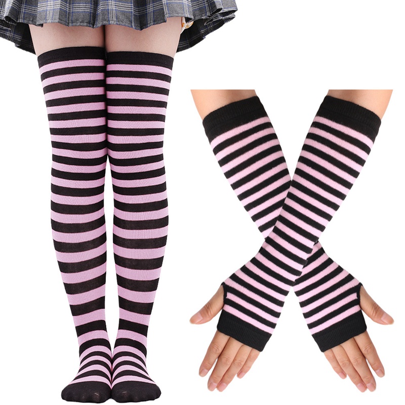 1 Set Women Gothic Punk Over Knee Long Stripe Socks Arm Sleeve Gloves for Girl Thigh High Cotton Socks Sweet Cute Christmas: Fuchsia