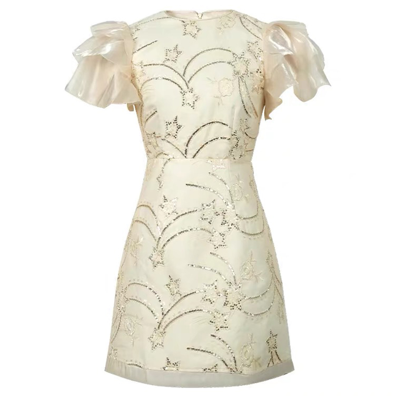 Vestido curto de lantejoulas bordado feminino babados, vestido de noite elegante, manga bolha, vestido de festa, data e banquete, moda: M