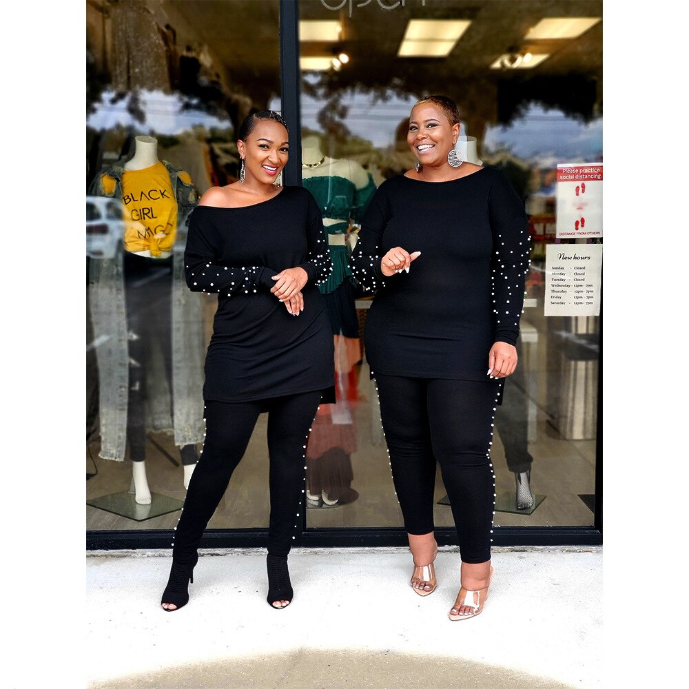 African Sets For Women Long Sleeve Beading Black African Elastic Bazin Baggy Pants Rock Style Dashiki Famous Suit Lady