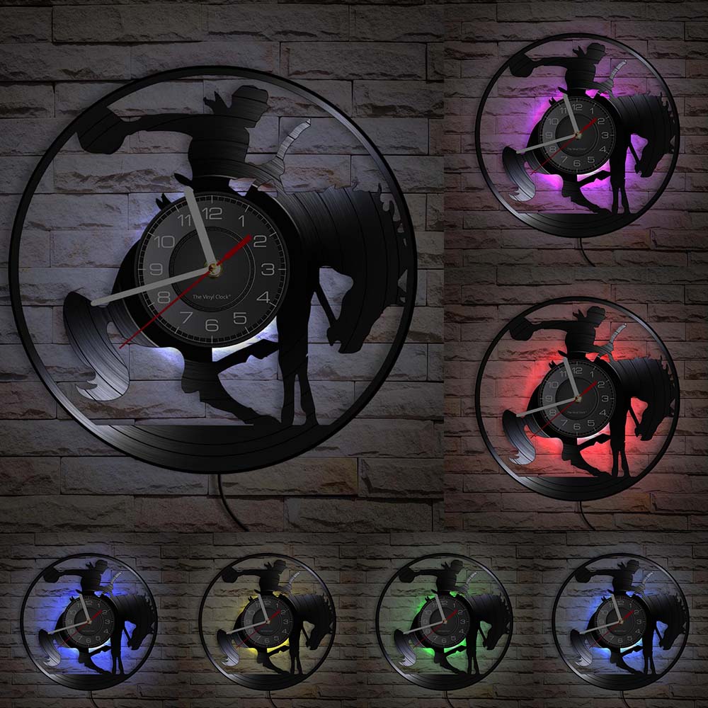 Cowboy väggkonst väggklocka häst ryttare vinylskiva väggklocka västra väggdekor rodeo ridning cowboy vintage klocka: Med led