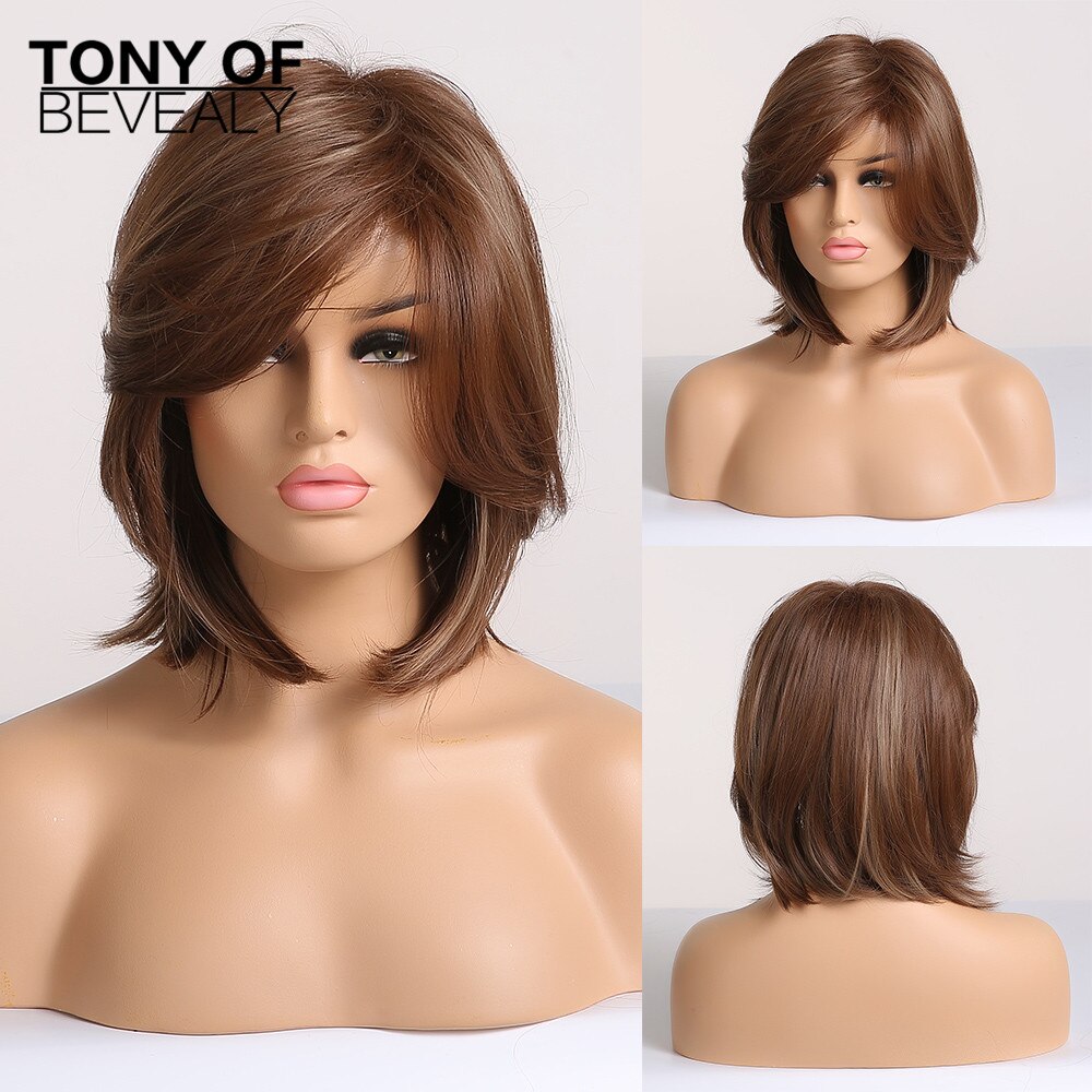 Bob corto-Peluca de cabello lacio Castaño para mujer, pelo sintético con flequillo, capas esponjosas, pelucas para uso diario, fibra resistente al calor