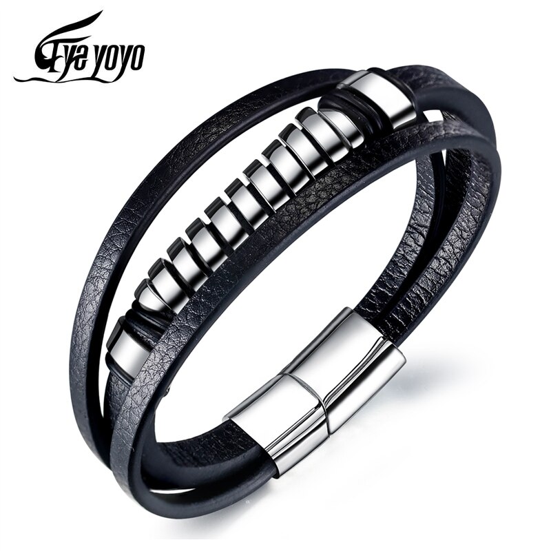Eyeyoyo 215 Mm Drie Lagen Zwarte Fiber Synthetische Lederen Wrap Armband Voor Mannen Mode Sieraden