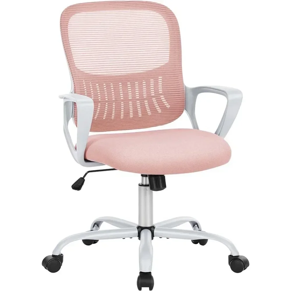 Kontorstol, ergonomiske kontorstole med midterryg i net, drejelige skrivebordsstole med hjul, komfortabel lændestøtte, pink