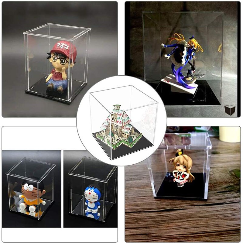 Clear Acrylic Display Case Model Display Cover Hand-Made Dust Box with Black Base for Toys Models Exhibits