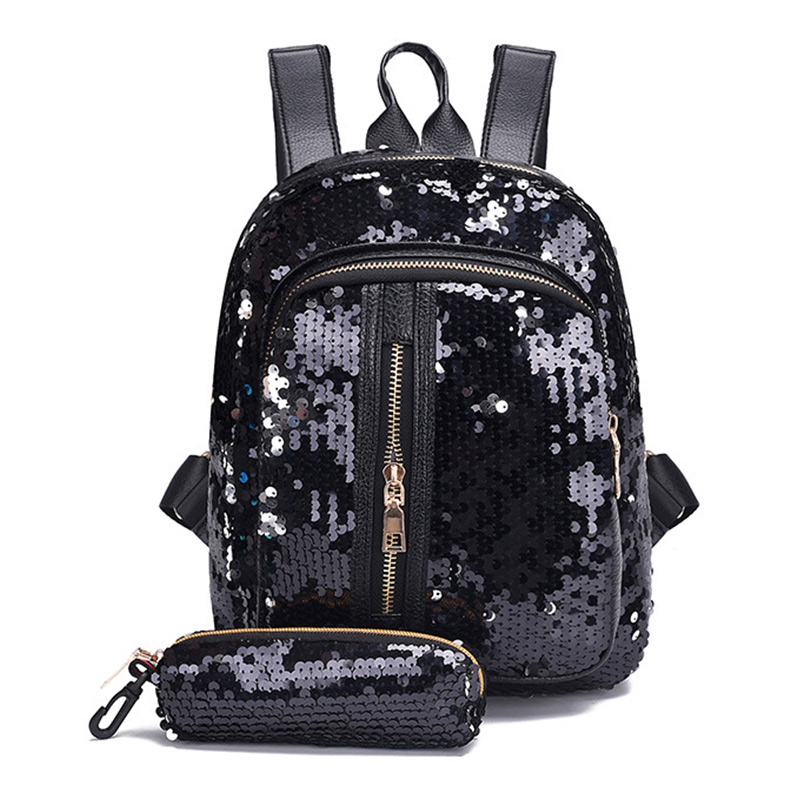 2 stks/set Pailletten Vrouwen Rugzak voor Tiener Meisje Mode Bling Rugzak Student Schooltas met Etui Clutch Mochilas: Black