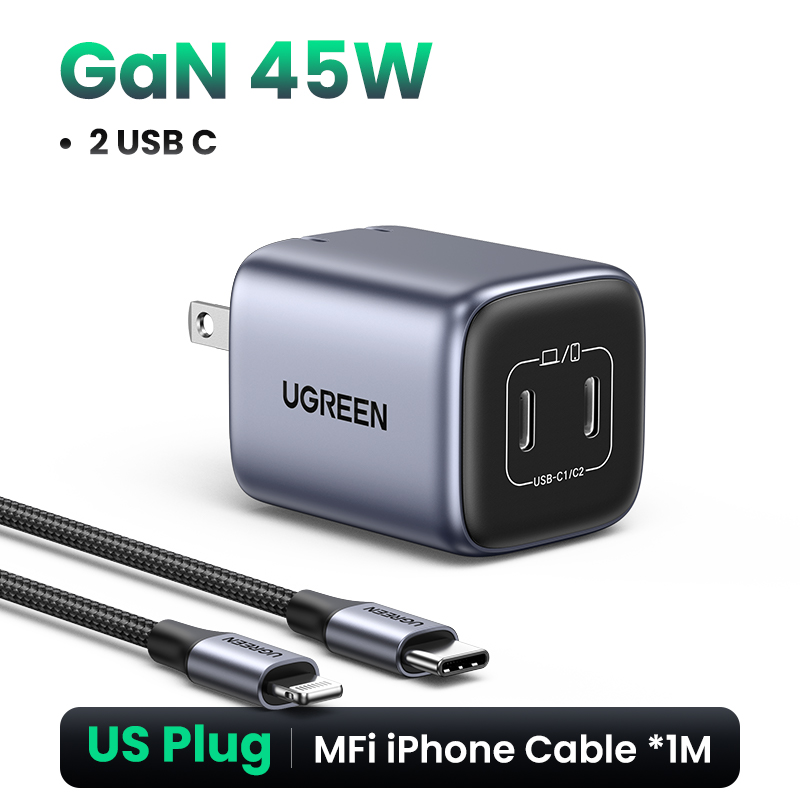 UGREEN-cargador USB con enchufe de EE. UU., Cargador rápido de 45W GaN, PD QC 3,0, USB C, cargador rápido para iPhone 14 13, cargador portátil de viaje: KR