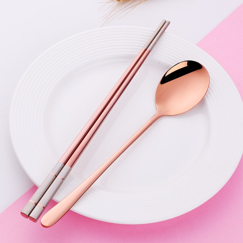 Hashi Silver 18/10 Stainless Steel Korean Chopstick and Spoon Set Dinnerware Black Dessert Spoon Long Handle Chop Sticks Set: Rose gold