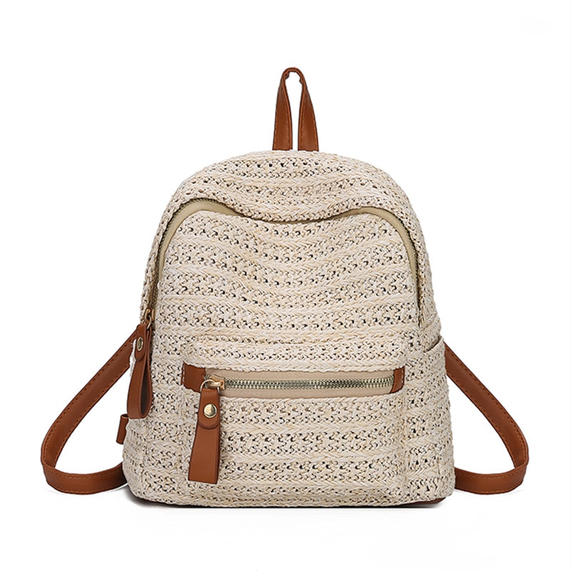 Femmes chaudes paille rotin tissé voyage sacs à dos filles été plage épaule cartables sac à dos fourre-tout sac à main: Beige