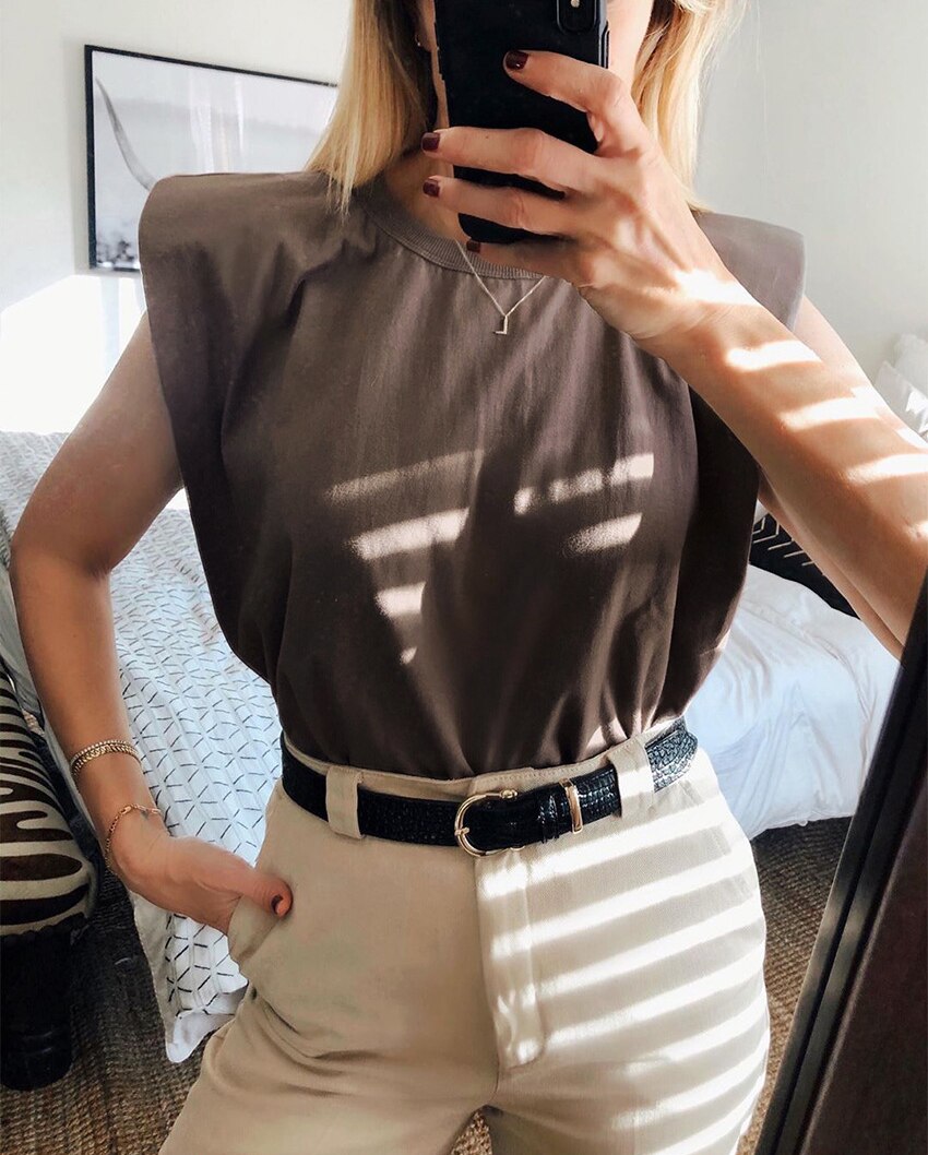 Sommer ærmeløs top kvindelig o-hals hvid kvinder bluse skjorte dame løse solide smarte casual bluser sort bomuld brun