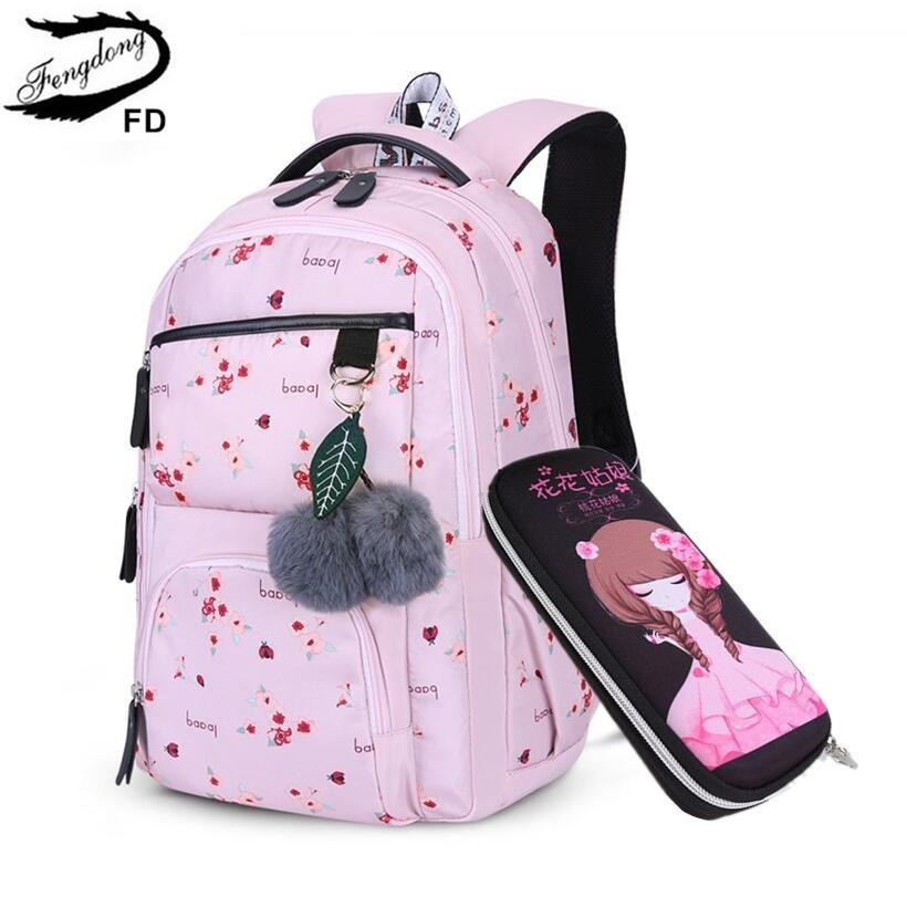 Fengdong freundlicher nette schwarz blume schule Rucksack freundlicher schule taschen für mädchen plüsch Ball freundlicher Kuli bleistift tasche einstellen: Rosa Blume