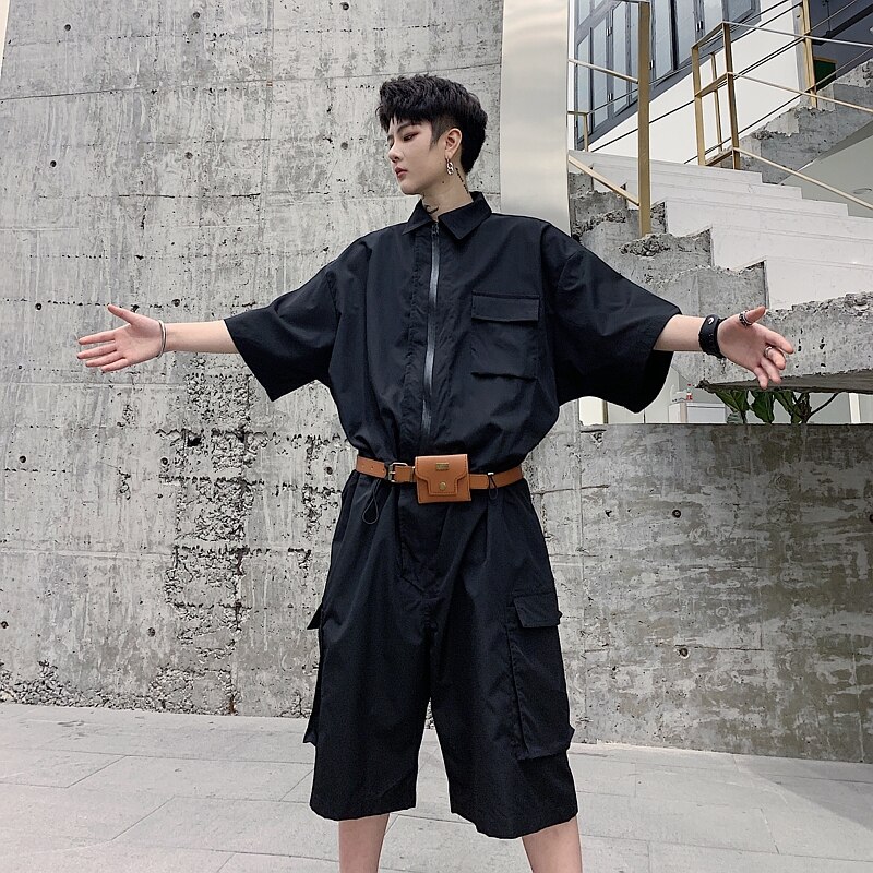 Mono de manga corta para hombre, holgado, informal, con cinturón incluido, Pantalón Cargo, ropa de calle para hombre, ropa de calle, monos de Hip Hop, pantalón harén