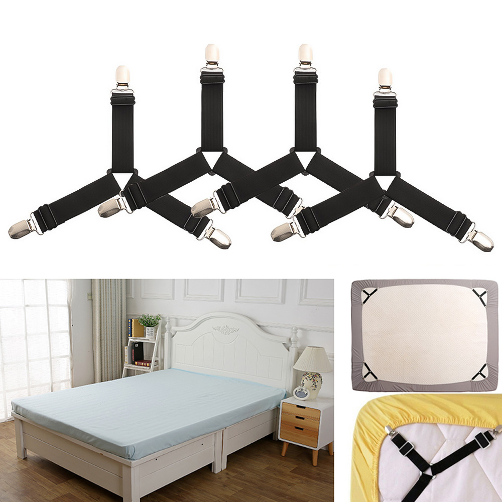 4pcs/set Elastic Bed Sheet Clips Suspenders Straps Adjustable Heavy Duty Grippers For HomeA: black