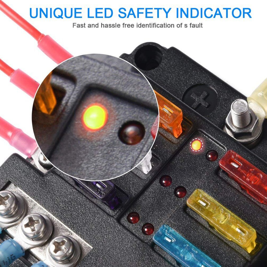 Fuse Box Blade Fuse Block Holder Screw Nut Terminal Independent Positive Negative Pole LED Indicator Fuse Box
