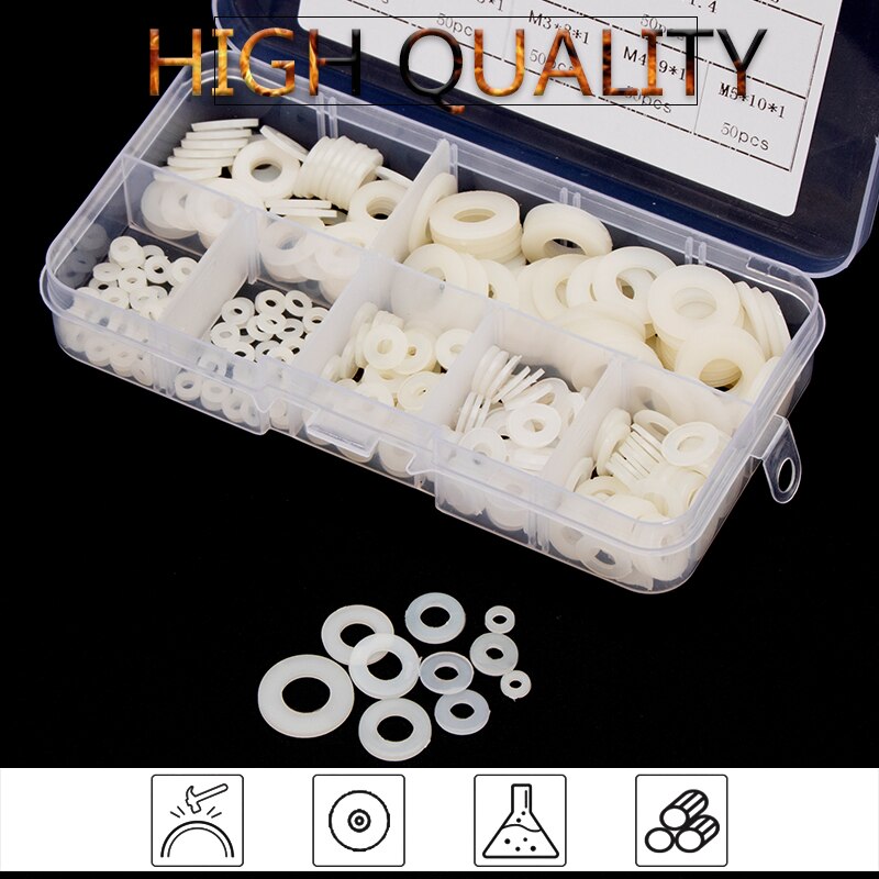 350pcs White Nylon Washer Flat Gasket M2 M2.5 M3 M4 M5 M6 M8 Plastic Sealing O-rings Assortment Kit Protection Washer M28NLB201