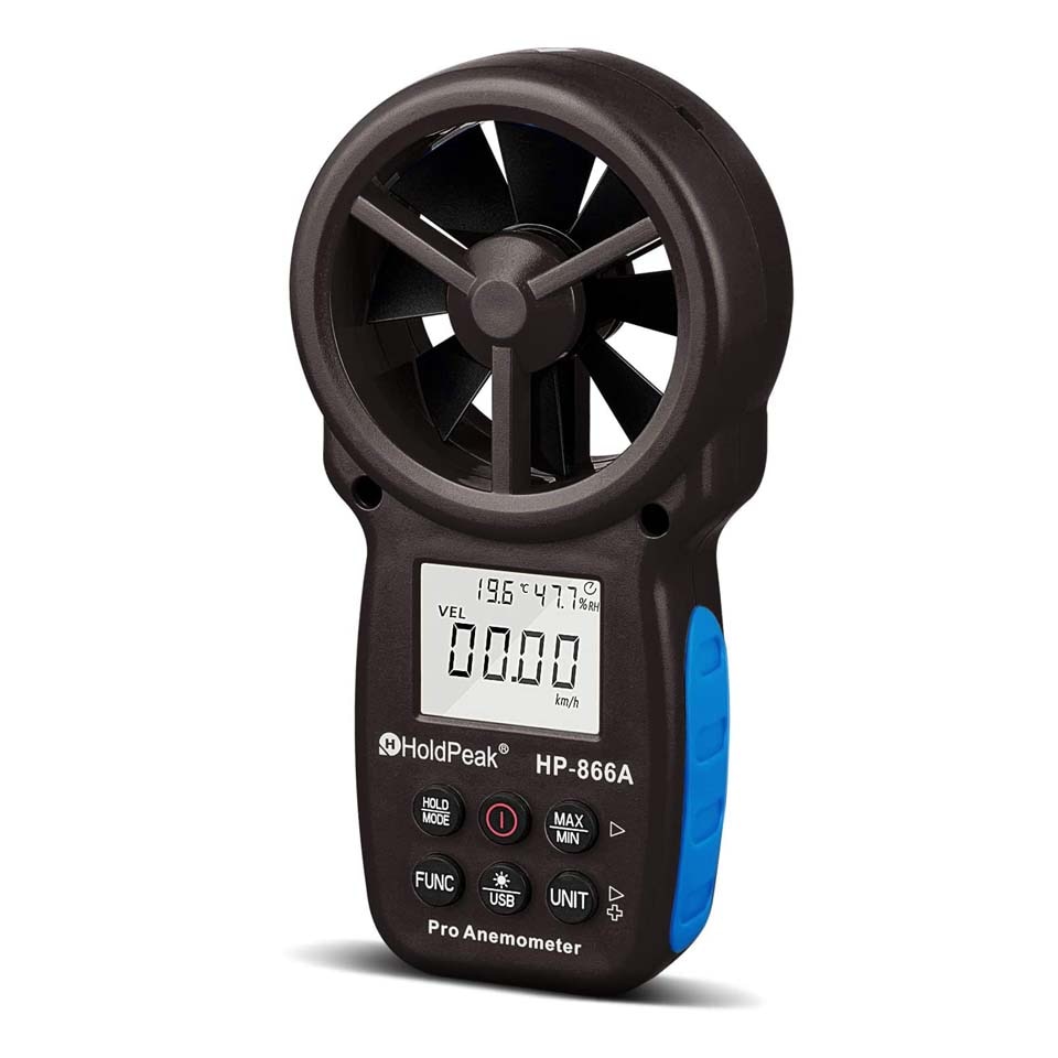 Holdpeak 866a digitalt anemometer - vindhastighedsmåler måler vindhastighed, temperatur, vindgennemstrømning med data hold & usb