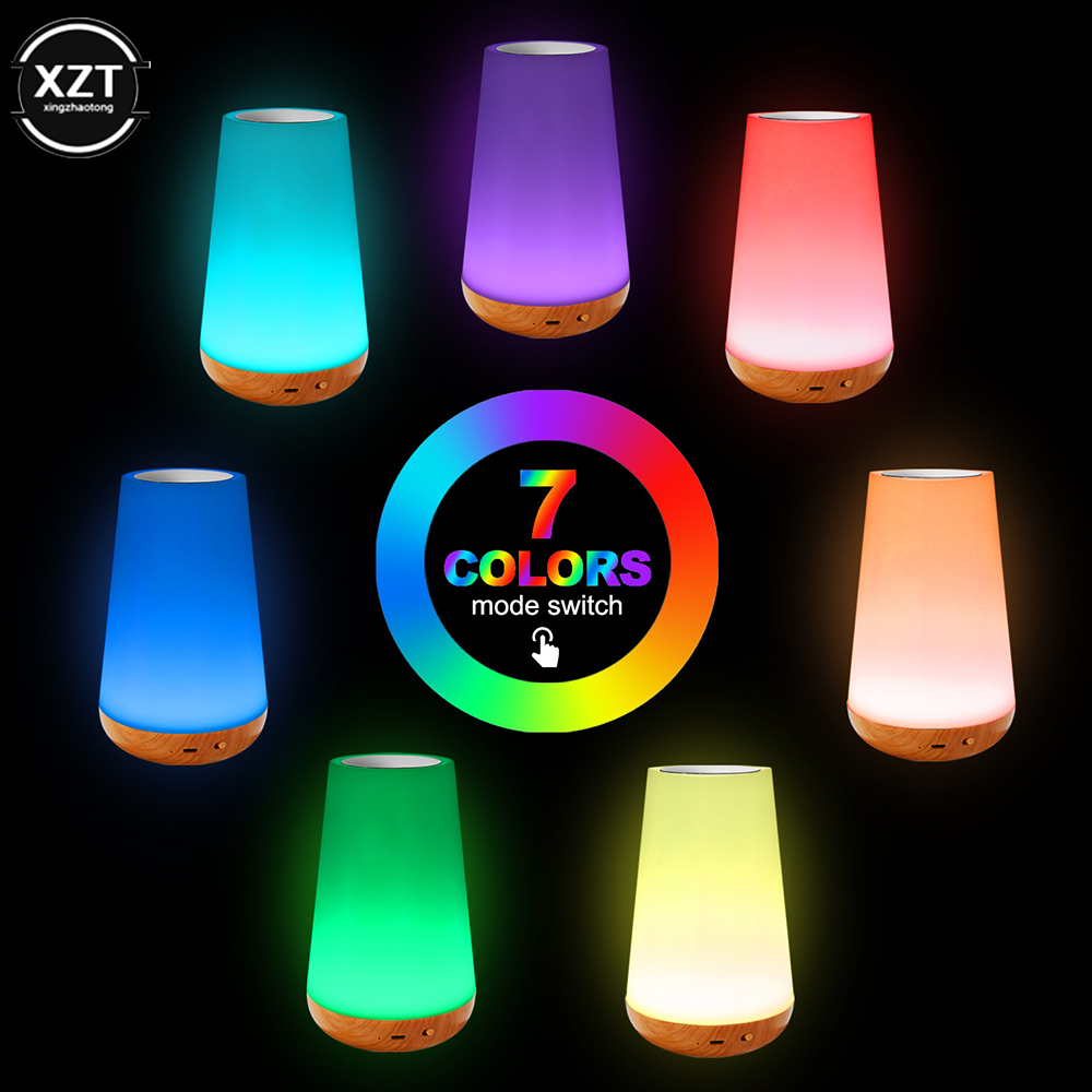 Luz Noturna RGB Portátil com Controle Remoto, 7 Mudanças de Cor, Regulável, Toque, Mesa, Lâmpadas de Cabeceira, USB Recarregável
