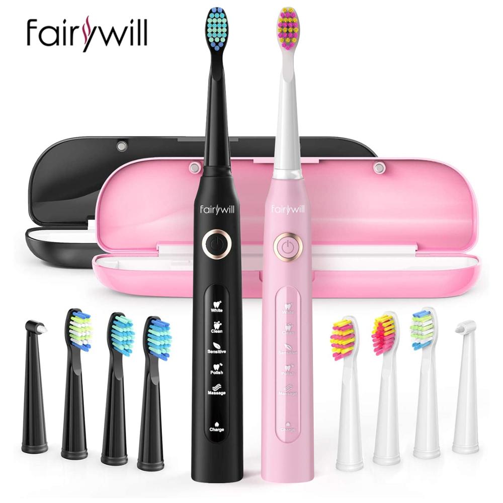 Fairywill FW-507 Electric Sonic Toothbrush Waterproof USB Charge Rechargeable Adult Electronic Tooth 8 Brushes Replacement Heads: FW-507-420-BP-Set