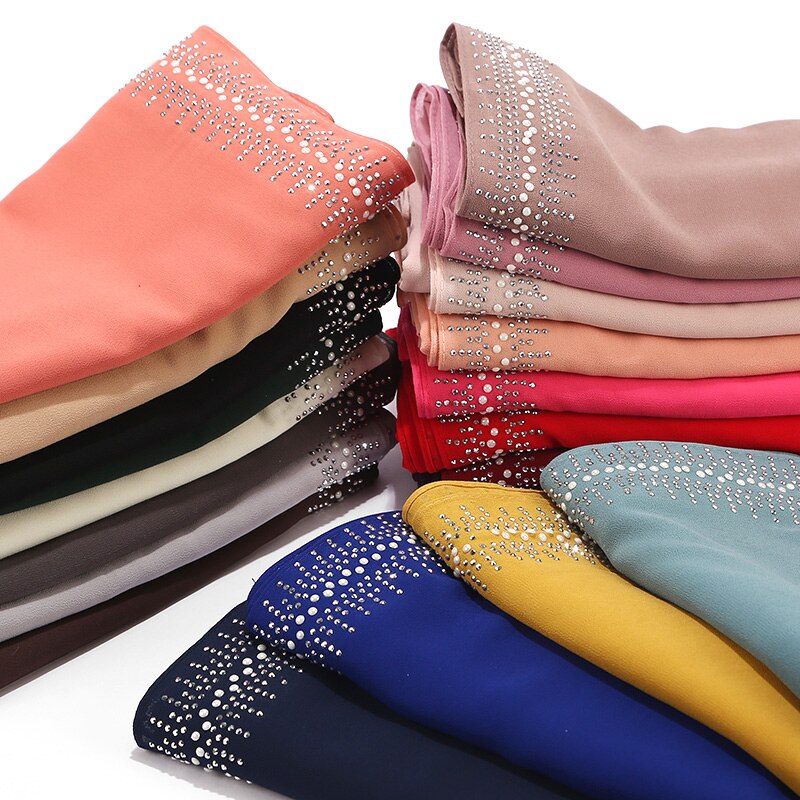 Bubbles Chiffon Scarf With Diamond Women Muslim Solid Color hijab Scarf Female Scarf Shawl Bead Wrap Muslim Hijabs