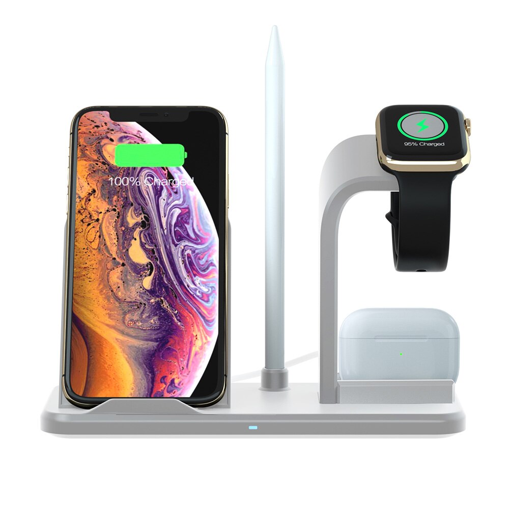 Fdgao 3- i -1 opladerstander til apple watch 5/4/3/2 10w hurtig qi trådløs oplader dockstation til iphone 11 xs xr 8 airpods pro: Hvid