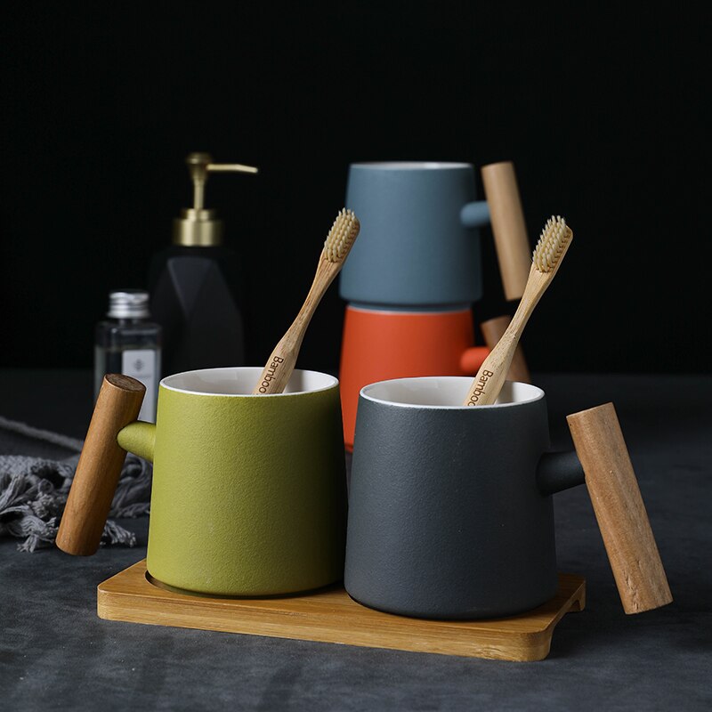 Juego de tazas de boca de cerámica con mango de madera, accesorios de decoración para el baño, hogar, Hotel, 3 unidades