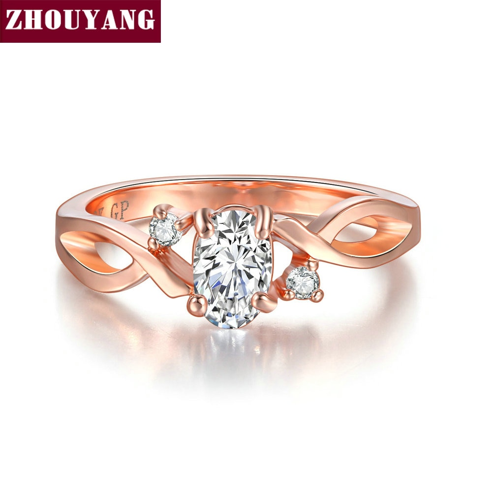 ZHOUYANG Wedding Rings For Women Simple Wavy Shape Four Claw Oval Cubic Zirconia Rose Gold Color Party Jewelry R785