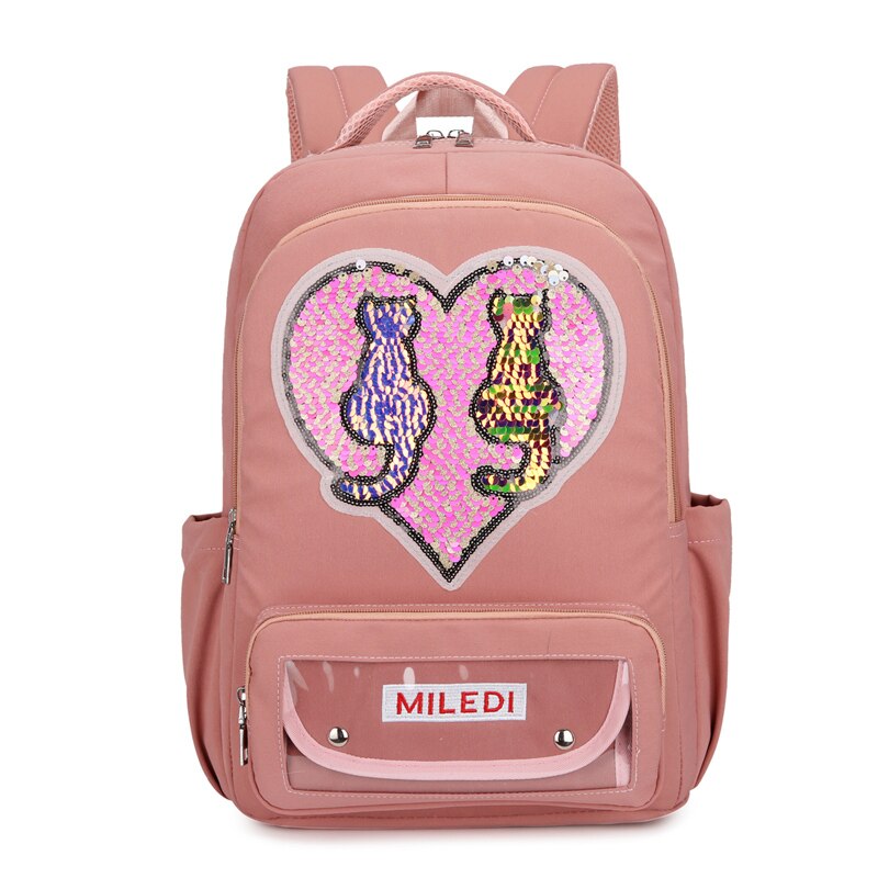 Meninas moda amarelo mochila lantejoulas coração crianças bolsa de ombro adolescentes mochila à prova dlarge água grande capacidade viagem bagpack: Pink cat