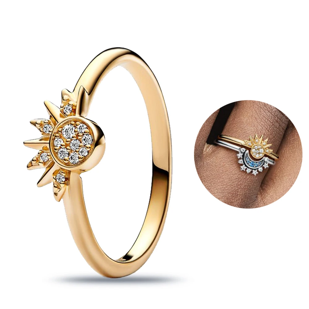 Original Sterling Silver 925 Ring Star and Moon Combination Series Rope Double Layer Ring Women's Wedding Engagement Ring: black / 6