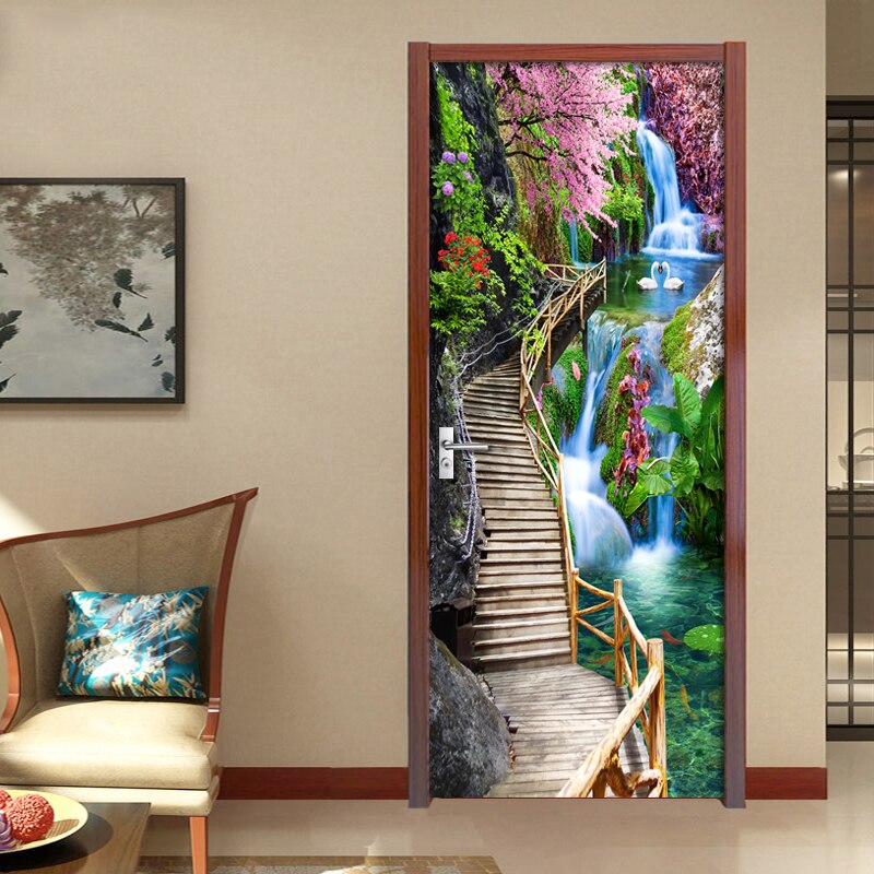 Modern Bridge Waterfall Scenery 3D Door Stickers Mural PVC Self-adhesive 3D Wallpaper For Living Room Bedroom Door Decor Decals
